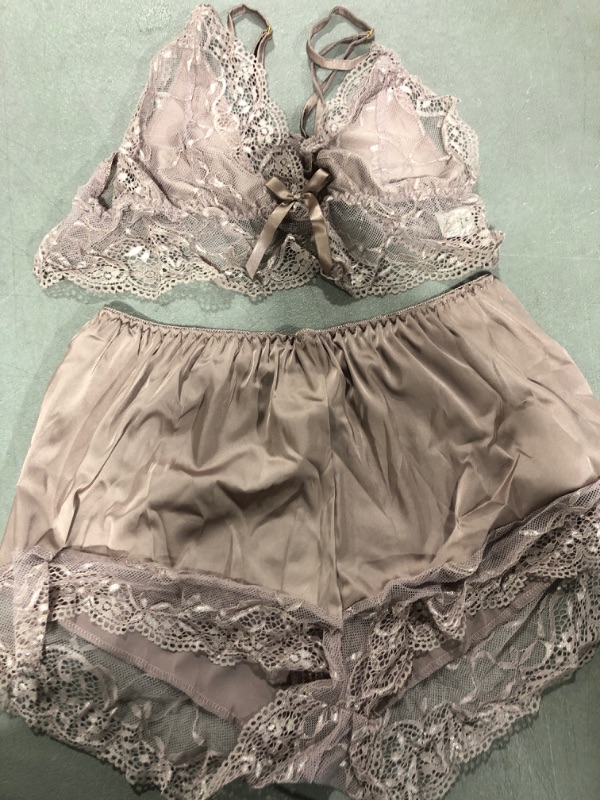 Photo 1 of [Size M] SweatyRocks Women's Lace Trim Underwear Lingerie Straps Bralette and Panty Set -Pink