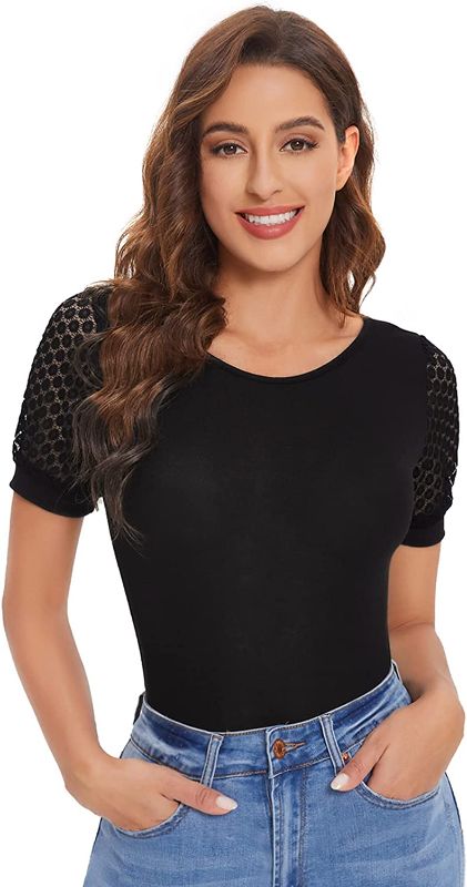 Photo 1 of [Size M] SweatyRocks Women's Contrast Lace Short Sleeve Tee Rib Knit Shirt Round Neck Summer Top Blouse
