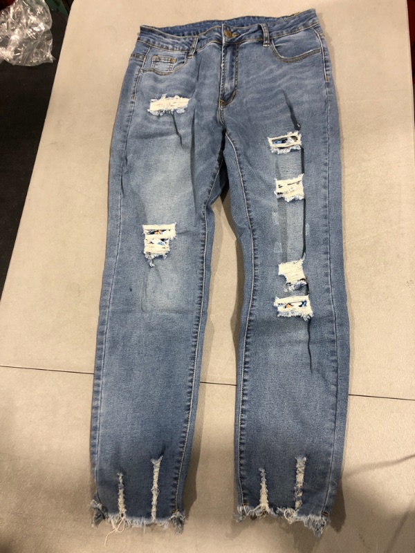 Photo 2 of [Size L] Sidefeel Women Patchwork Destroyed Raw Hem Jeans Ripped Hole Denim Pants- Blue