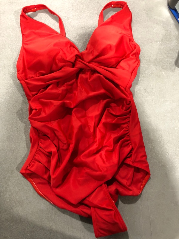 Photo 2 of [Size M] Smismivo Women's Tummy Control Swimsuit One Piece Slimming Ruched Push Up Bathing Suit Vintage Padded Retro V Neck Swimwear B Red Medium