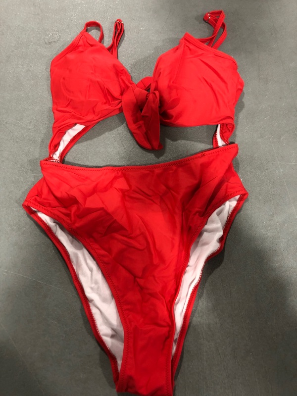 Photo 2 of [Size M] Tempt Me Women One Piece Bathing Suits Cutout Tie Knot Front Swimsuits Sexy Monokini Medium Neon Red