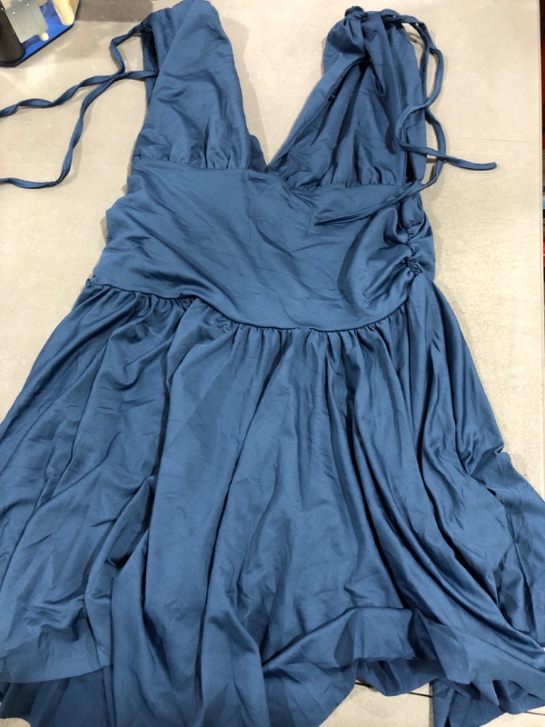 Photo 2 of [Size X-Small] Blue--LYANER Women's Deep V Neck Ruched Drawstring Sleeveless High Waist Ruffle Pleated Mini Short Dress