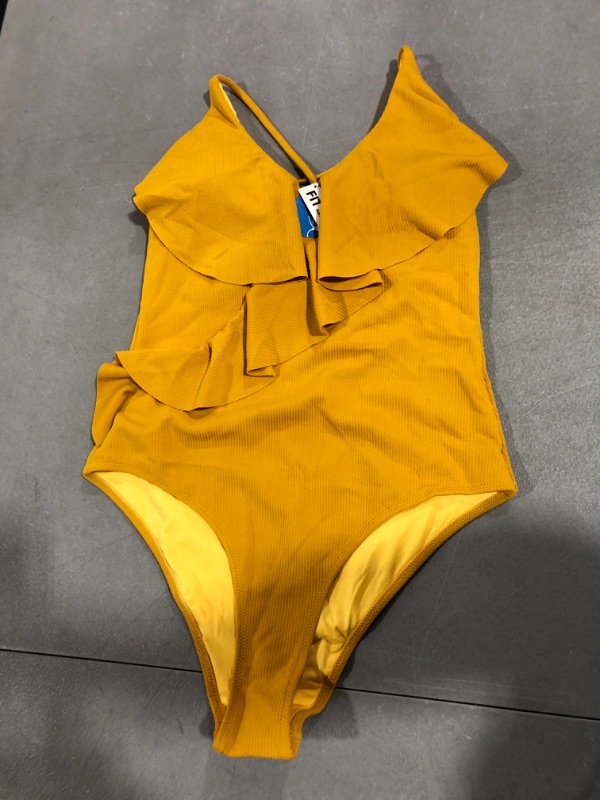 Photo 2 of [Size Small] CUPSHE Women's One Piece Swimsuit Ruffle Wrap Textured Beach Swimwear Bathing Suits Yellow Solid