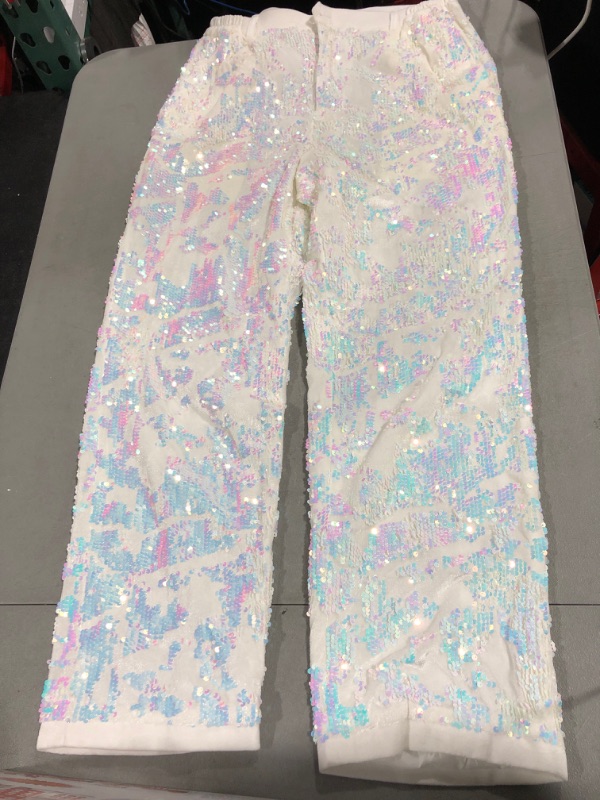 Photo 2 of [Size M] CARFFIV Men Fashion Floral Shiny Sequins Velvet Pants Map White