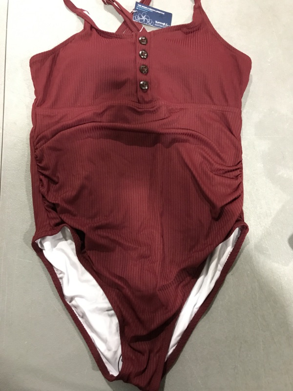 Photo 2 of [Size M] Ribbed One Piece Swimsuits for Women Button up Swimwear Tummy Control Retro Bathing Suits Wine Red