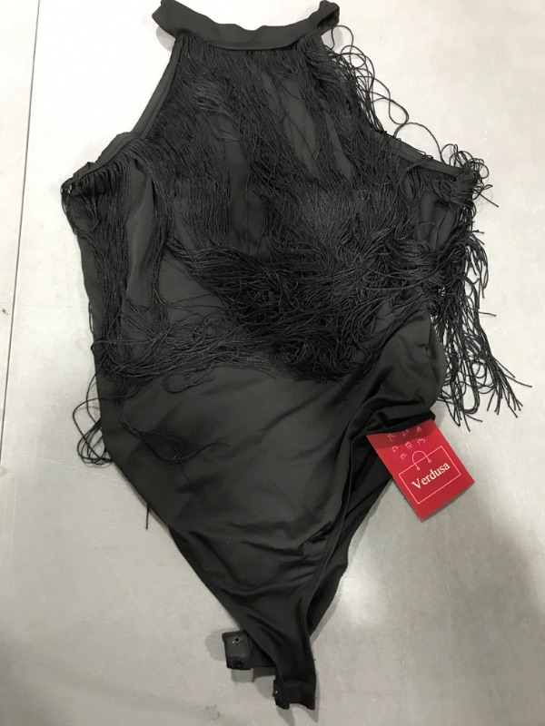 Photo 2 of [Size M] Verdusa Women's Fringe Sleeveless Bodycon Leotard Halter Bodysuit Top -Black