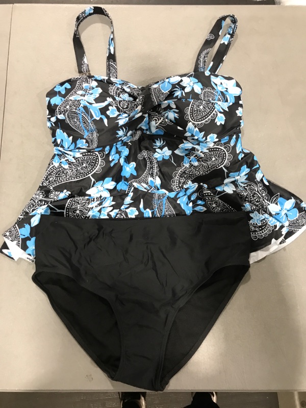 Photo 2 of [Size 14] Daci Women Two Piece Plus Size Swimsuit with Bottom Peplum Tankini High Waisted Tummy Control Bathing Suit 14 Plus Blue Flower