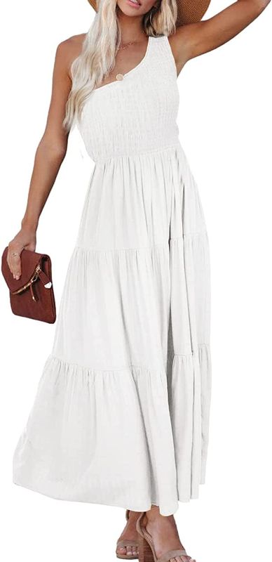 Photo 1 of [Size Unknown] Women's Summer Floral Dress One Shoulder Sleeveless Smocked Flowy Off The Shoulder Midi Dress
