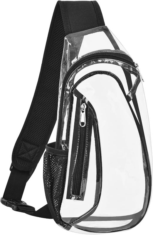 Photo 1 of AROUVOG Clear Sling Bag, Stadium Approved Mini PVC Crossbody Shoulder Backpack, Transparent Casual Chest Daypack for Women & Men, Perfect for Hiking, Stadium or Concerts, Black, One Size