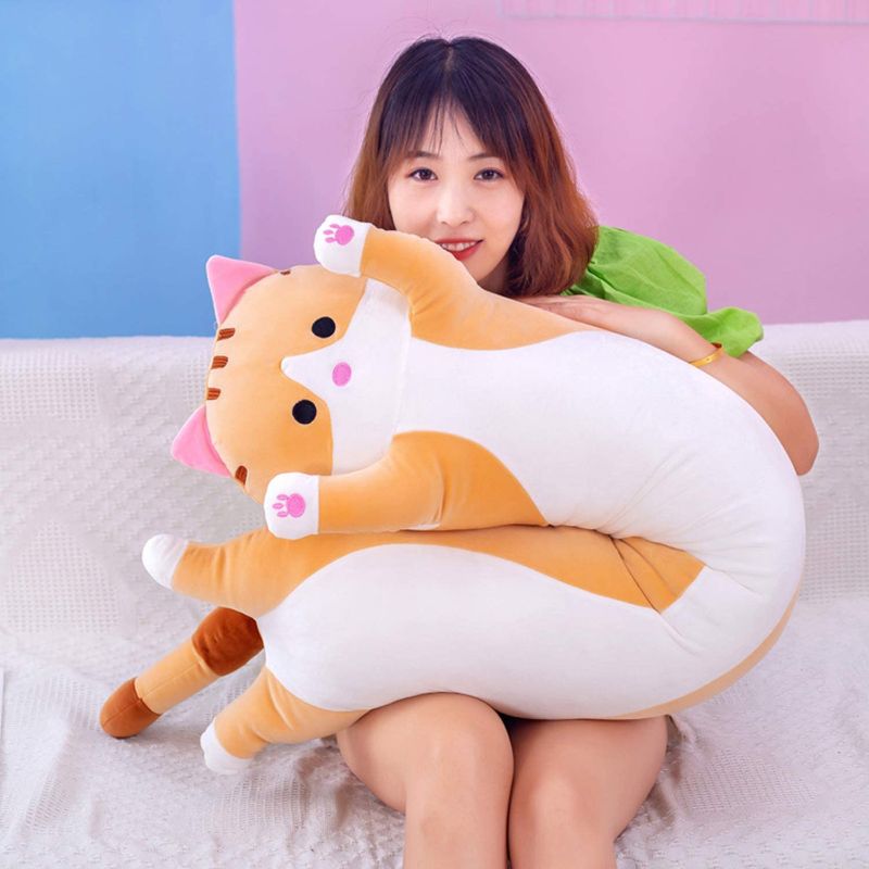 Photo 1 of Cute Cat Plush Long Body Pillow Cuddle Cartoon Stuffed Animals Cat Plushie Soft Doll Pillows Gifts for Kids Girls (Orange, 51") 51Inch Orange