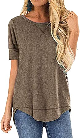 Photo 1 of [Size S] JomeDesign Summer Tops for Women Short Sleeve Side Split Casual Loose Tunic Top Crewneck Seal Brown