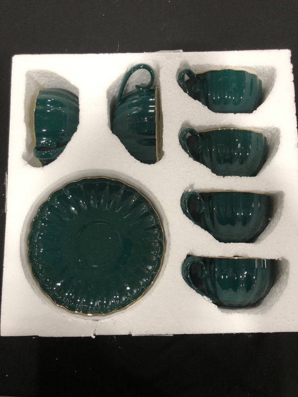 Photo 1 of Amazingware Royal Tea Cups and Saucers, with Gold Trim and Gift Box, British Coffee Cups, Porcelain Tea Set, Set of 6 (8 oz)- Dark Green