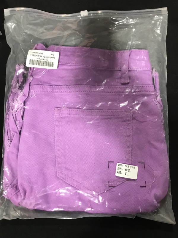 Photo 2 of [Size L] SIAEAMRG Women's Juniors Denim Shorts, High Waisted Frayed Raw Hem Tassels Short Pants Jeans Purple Large