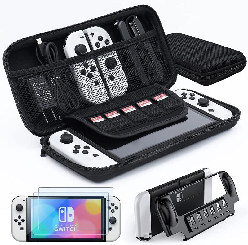 Photo 1 of amFilm Switch OLED Accessories Bundle TechMatte 3-in-1 Essential Kit with Carrying Case, 2 Glass Screen Protectors, Designed for Nintendo Switch OLED Model 2021, Classic Black