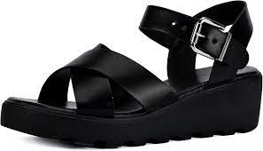 Photo 1 of [Size 9]  READYSALTED Women's Cleated Platform Wedge Sandals in Open Toe Cross Strap Ankle Buckle - Black