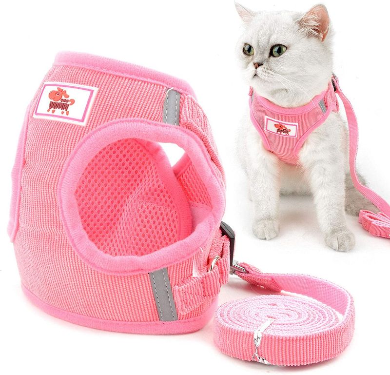 Photo 1 of [Size M] Cat Harness with Leash Pink Adjustable for Walking Escape Proof Reflective Soft Mesh Corduroy Kitten Harness