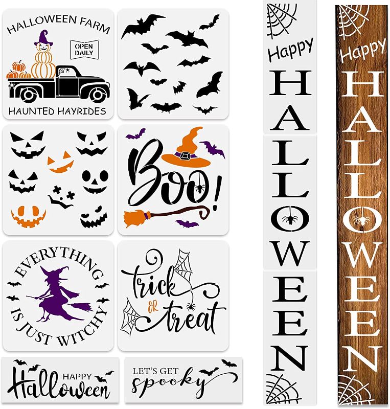 Photo 1 of 11Pcs Halloween Stencils for Painting on Wood, Reusable Large Happy Halloween Stencils for Porch&Front Door, Pumpkin Truck/Bats/Witch/Boo/Trick or Treat/Let’s get Spooky Stencils 