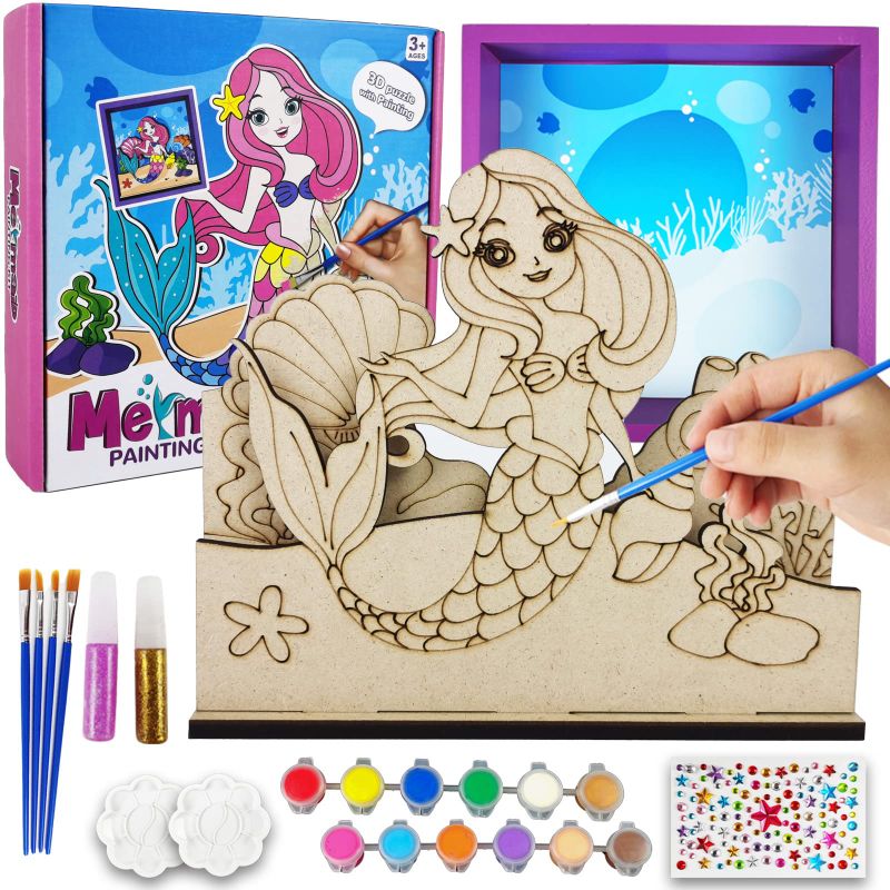 Photo 1 of 3D Scene Wooden Mermaid Craft Kit For Kids, Paint Your Own Mermaid Picture Frame Craft Kits