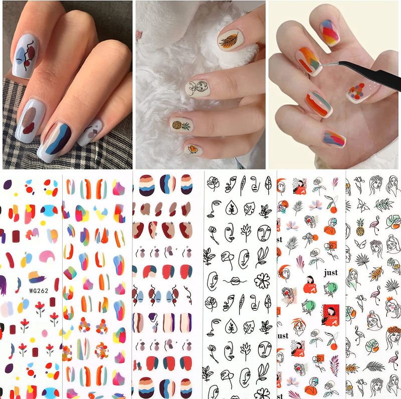 Photo 1 of BAJUQIJU Graffiti Fun Nail Art Stickers Decals Set 3D Self-Adhesive Abstract Lady Face Rose Leaf Nail Design Flower Leaf Manicure DIY Decoration for Women Girls Nail Sticker (6Sheets Orange) 