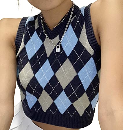 Photo 1 of [Size S] Womens Sweater Vest Argyle Plaid Crop Sweaters Sleeveless Preppy Style Tank Tops 