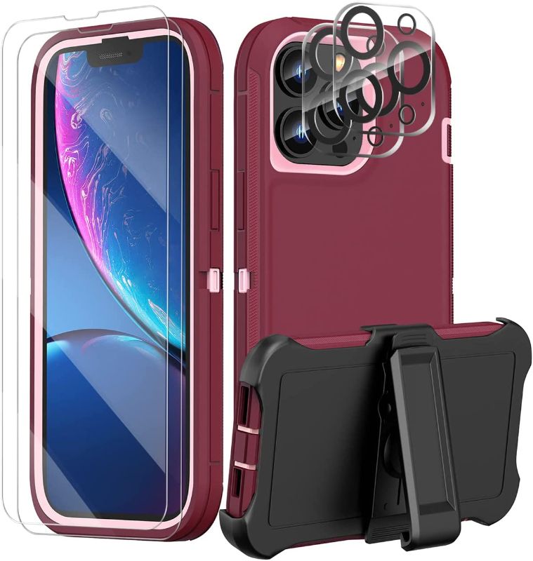 Photo 1 of Compatible with iPhone 13 Pro Max Case with 2 Screen Protectors + 2 Camera Lens Protectors + Belt Clip Holster, Heavy Duty Full Body Rugged Military Grade Drop Protection Defender Case(Wine Red+Pink) 