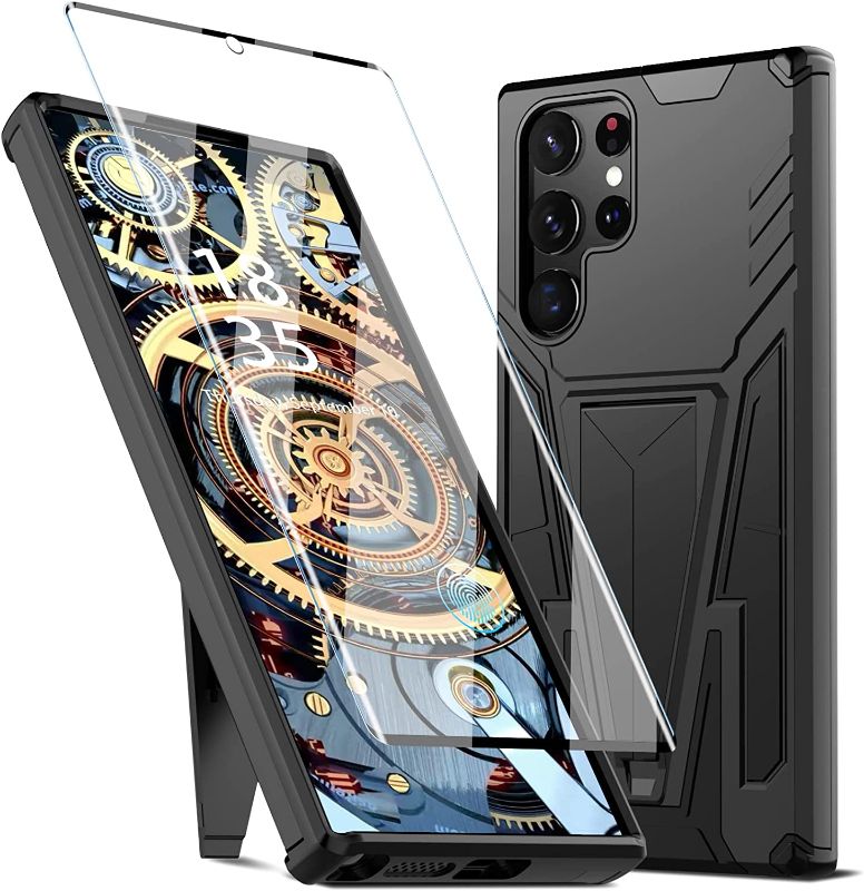 Photo 1 of Oterkin for Samsung Galaxy S22 Ultra Case 5G,S22 Ultra Shockproof Case with Kickstand &Tempered Glass Screen Protector & Magnetic Car Mount, Anti Scratch Hard Back Case for S22 Ultra 6.8 inch-Black 