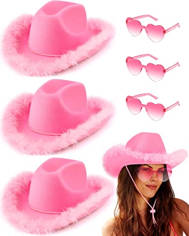 Photo 1 of 6 Pcs Cowboy Hat Boa Cowgirl Hat with Heart Sunglasses Boa Cowboy Hat Women Girl Western Party Costume **MISSING ONE PAIR SUNGLASSES**