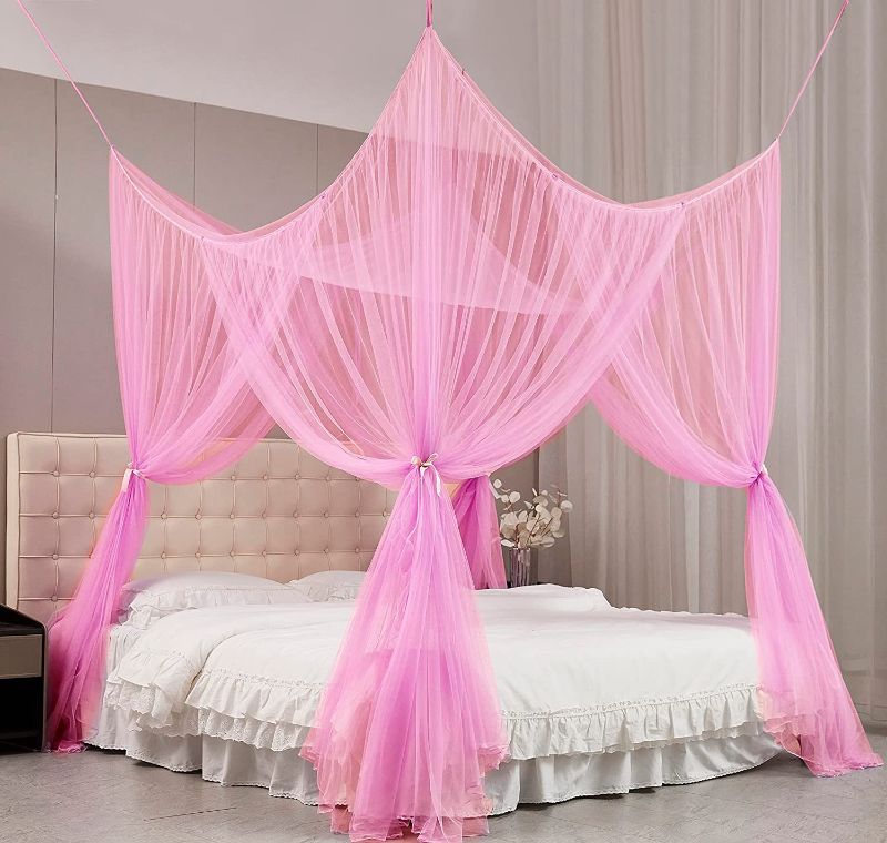 Photo 1 of 4 Corner Post Canopy Bed Curtains Twin Single to Twin XL Size Bed,Netting Curtains for Camping, Patio,Indoor Outdoor Net (80x40x80, Pink)
