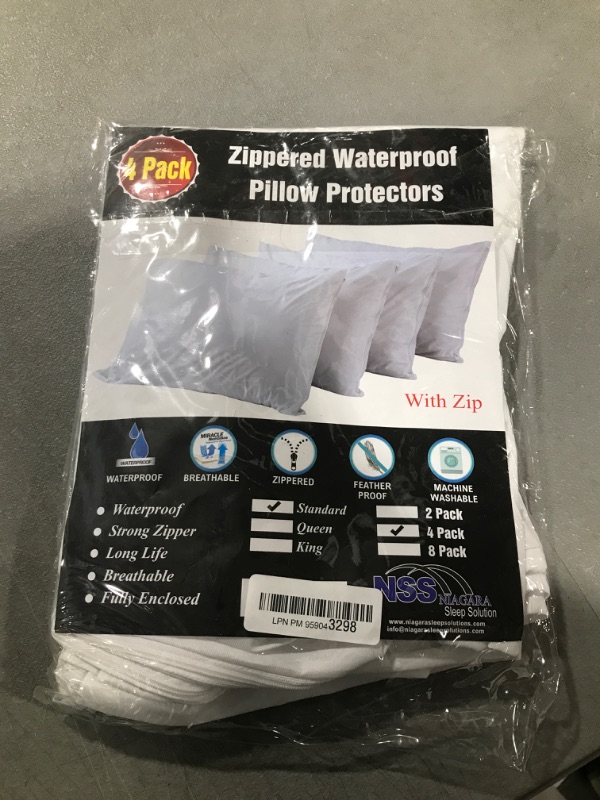 Photo 3 of 4 Pack Waterproof Pillow Protectors Standard 20x26 Inches Smooth Zipper Premium Encasement Covers Quiet Cases Set White 100% Liquid Protection
