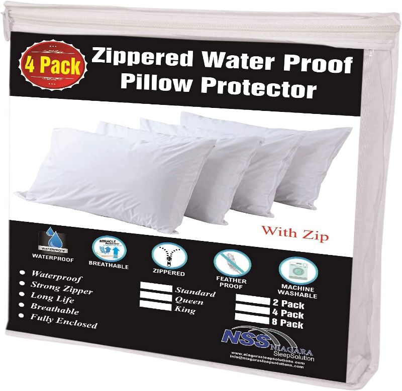 Photo 1 of 4 Pack Waterproof Pillow Protectors Standard 20x26 Inches Smooth Zipper Premium Encasement Covers Quiet Cases Set White 100% Liquid Protection
