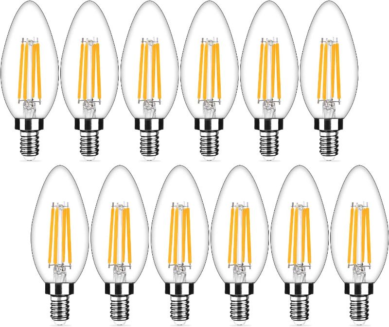 Photo 1 of 12-Pack Dimmable E12 LED Candelabra Bulbs 40Watt Equivalent, 2700K Warm White, 450Lumens, 4W B11 Vintage Chandelier Light Bulbs, LED Filament Clear Glass Candle Lamp for Ceiling Fan Home Decor--UNABLE TO TEST 
