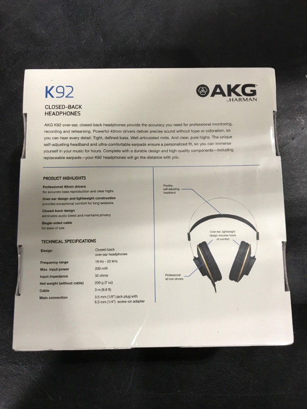 Photo 3 of AKG Pro Audio K92 Over-Ear, Closed-Back, Studio Headphones, Matte Black and Gold
