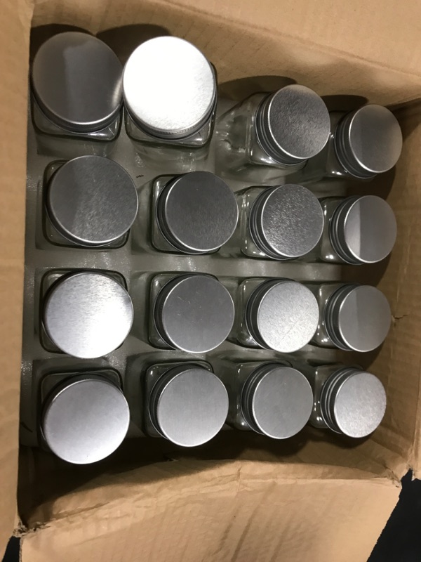 Photo 2 of 16 Pack 4 oz Glass Spice & Salts Jars Bottles, Clear Square Glass Seasoning Jars With Aluminum Silver Metal Caps and Pour/Sift Shaker Lid. 1 Pen,40 Black Labels and 1 Foldable Wide Funnel. 4 OZ- 16 PACK