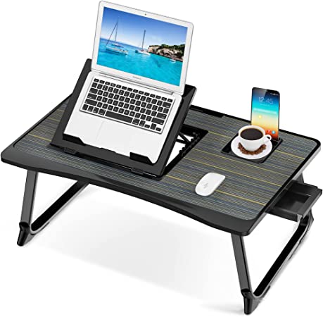 Photo 1 of Lap Desk for Adults, Saviki Serving Laptop Bed Tray Breakfast with Folding Legs, MDF Bed Table with Cup Holder, Bed Desk Notebook Stand with Top Storage Drawer, Students Desk/Game Table (Black)
