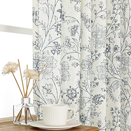 Photo 1 of  Curtains Tier Curtains Linen Curtains Farmhouse Floral Blue Kitchen Cafe Curtains 72 Inch Length Small Rustic Country Curtains Rod Pocket Kitchen Curtain 1 Panels Blue on Beige
