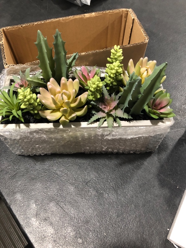 Photo 1 of 19 Pcs Assorted Artificial Succulents Fake Plants in Rectangular Wooden Pot Succulents Garden in Wood Planter Box Potted Succulents Plants Arrangement for Table Centerpiece Windowsill Greenery Decor