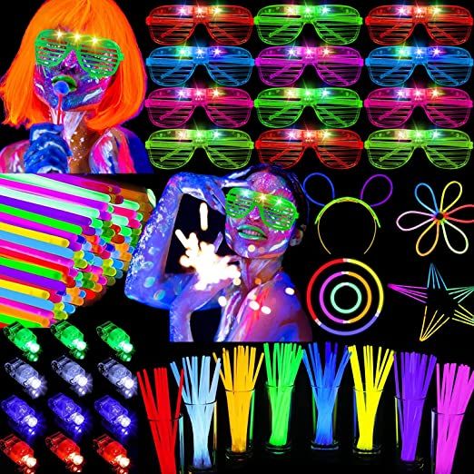 Photo 1 of  Glow in the Dark Party Supplies for Kids, LED Light Up Toys Neon Party Supplies with Flashing Glasses, Glow Sticks, Finger Lights Light for Adults Neon Glow Halloween Birthday Party Disco Party Easter Gifts