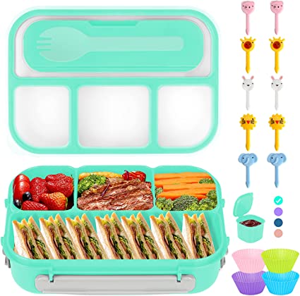 Photo 1 of Lunch Box Kids, Bento Box Adult Lunch Box, Lunch Containers for Adults Kids Toddler, 1300ML-4 Compartment Bento Lunch Box w/ Food Picks Cake Cups, Microwave/Dishwasher/Freezer Safe, BPA Free (GREEN)