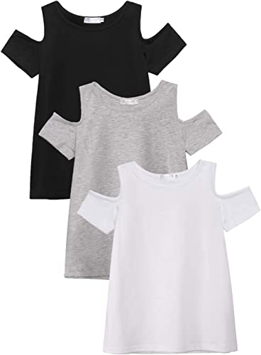 Photo 1 of [Size 6-7T] Arshiner 3 Pack Girls Crew Neck Tee Casual Soft Short-Sleeve T-Shirt Tops with Cold Shoulder
