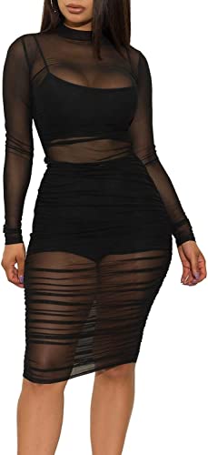 Photo 1 of [Size L] Women's See Through Body Con Dress with Bra and Shorts Set- Black