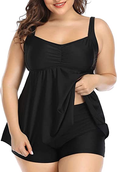 Photo 1 of [Size 2XL] Women's 2 pc Swimsuit with Knee Length Shorts- Black