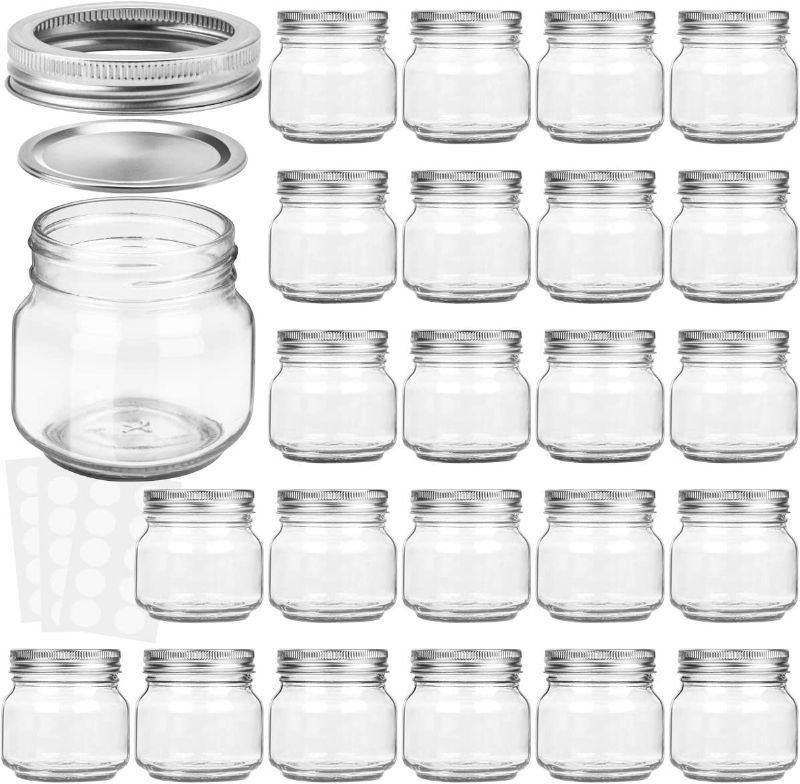 Photo 1 of KAMOTA Mason Jars 8 oz With Regular Silver Lids and Bands, Ideal for Jam, Honey, Wedding Favors, Shower Favors, DIY Spice Jars, 24 PACK, 30 Whiteboard Labels Included
