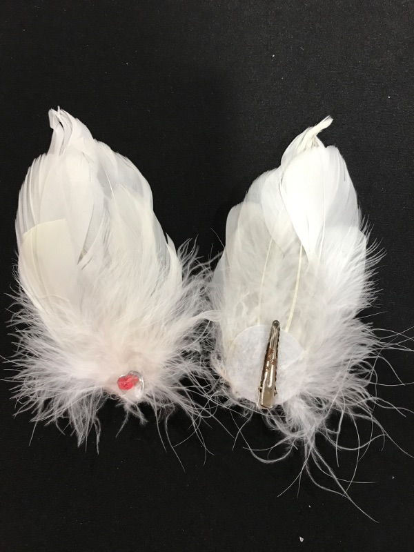 Photo 2 of 2pc Feathered Hair Clips- White with Heart Gem