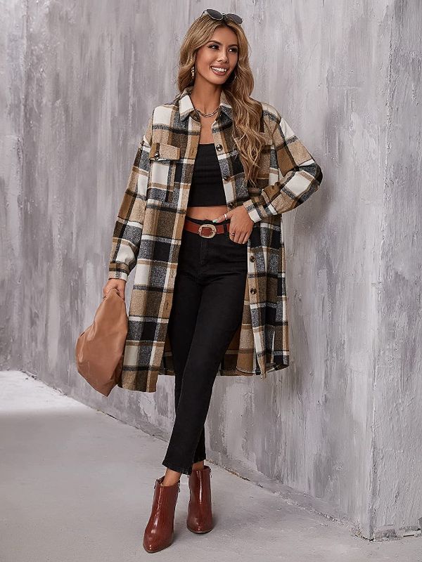 Photo 1 of [Size XL] Shacket Jacket Women- Plaid Flap Pocket Drop Shoulder Coat Jackets for Women