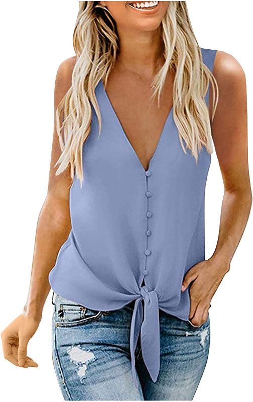 Photo 1 of [Size 2XL] BLACK- Knotted V-Neck Tie Casual Women's Hundred Button Camisole Comfortable Tops Women's Tanks & Camis Athletic Undershirt Women - Black