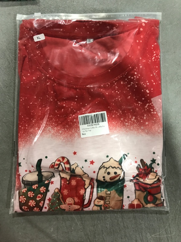 Photo 2 of [X-Large] Winter Coffee Shirt Women Funny Santa Snowman Latte T-Shirt Casual Short Sleeve Coffee Lover Tee Top- Red 