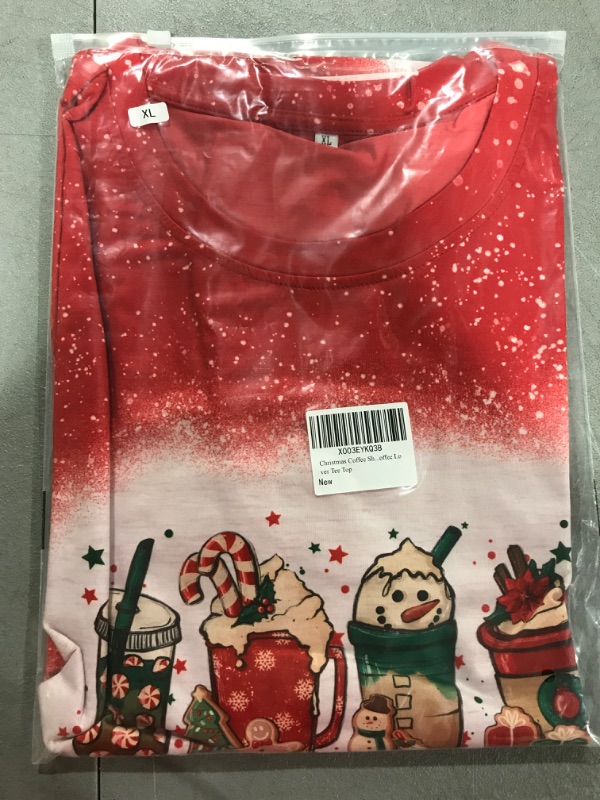 Photo 2 of [X-Large] Winter Coffee Shirt Women Funny Santa Snowman Latte T-Shirt Casual Short Sleeve Coffee Lover Tee Top- Red 