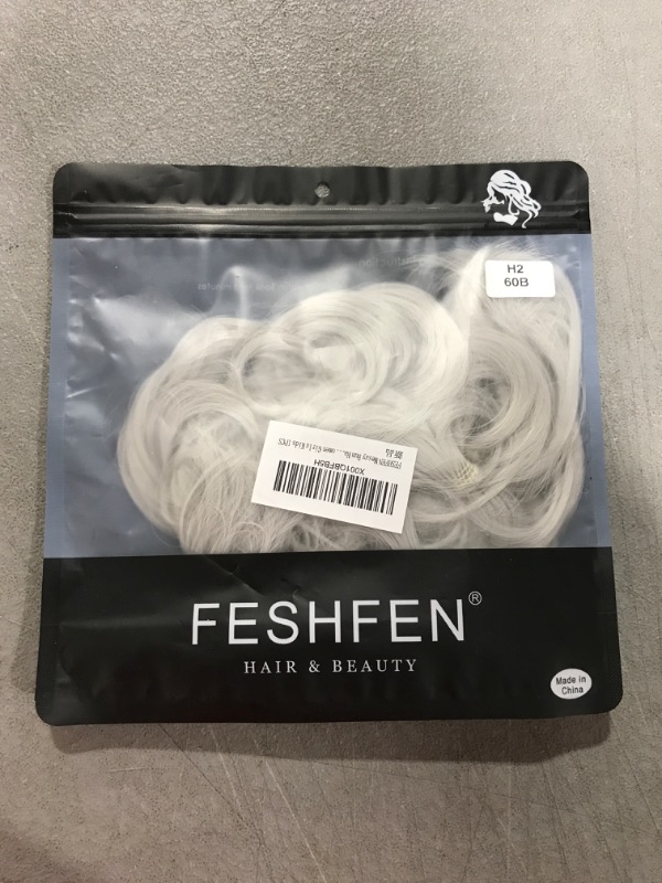 Photo 2 of FESHFEN Messy Bun Hair Piece Hair Bun Scrunchies Synthetic Light Silver Grey Wavy Chignon Ponytail Hair Piece 