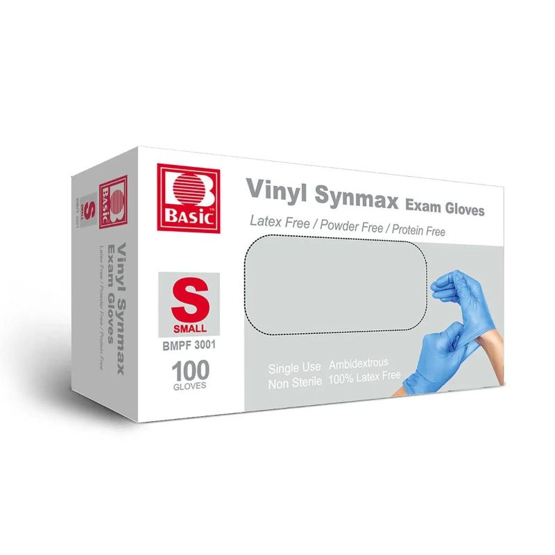 Photo 1 of Basic Synmax Vinyl Exam Gloves, 4 Mil – Disposable - Latex-Free & Powder-Free - Small (Box of 100) Blue, (BMPF3001) Small (Pack of 100)