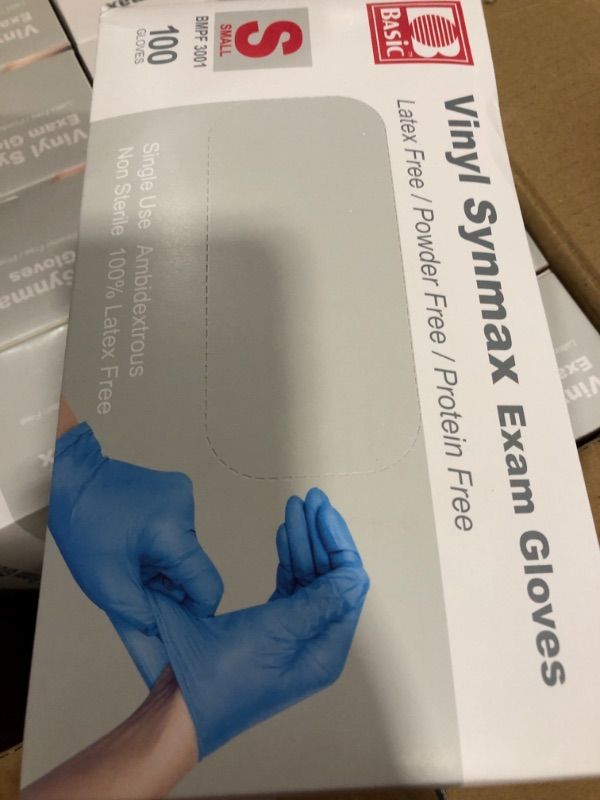 Photo 2 of Basic Synmax Vinyl Exam Gloves, 4 Mil – Disposable - Latex-Free & Powder-Free - Small (Box of 100) Blue, (BMPF3001) Small (Pack of 100)